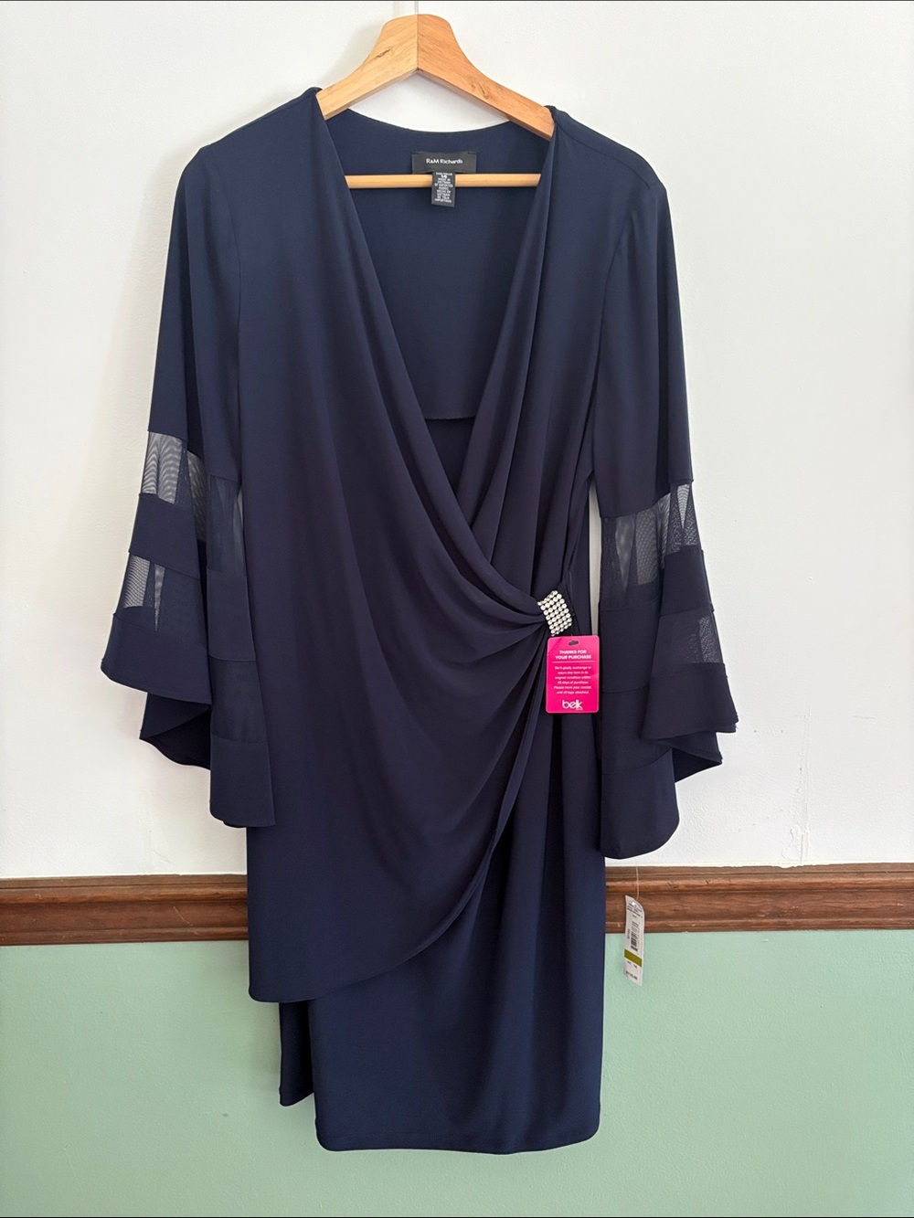 R&M Richard’s Navy Draped V-Neck Dress with Mesh Bell Sleeves